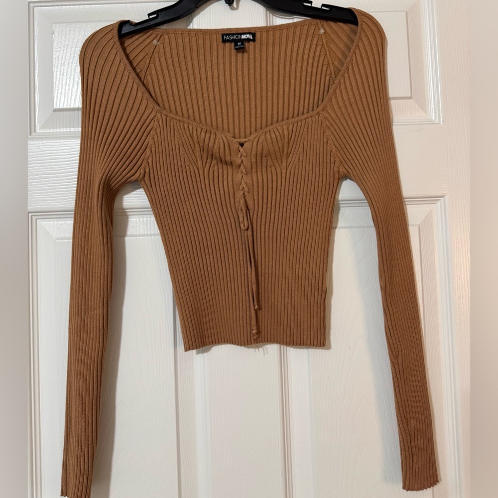 Fashion Nova Tan Ribbed Lace-Up Crop Top